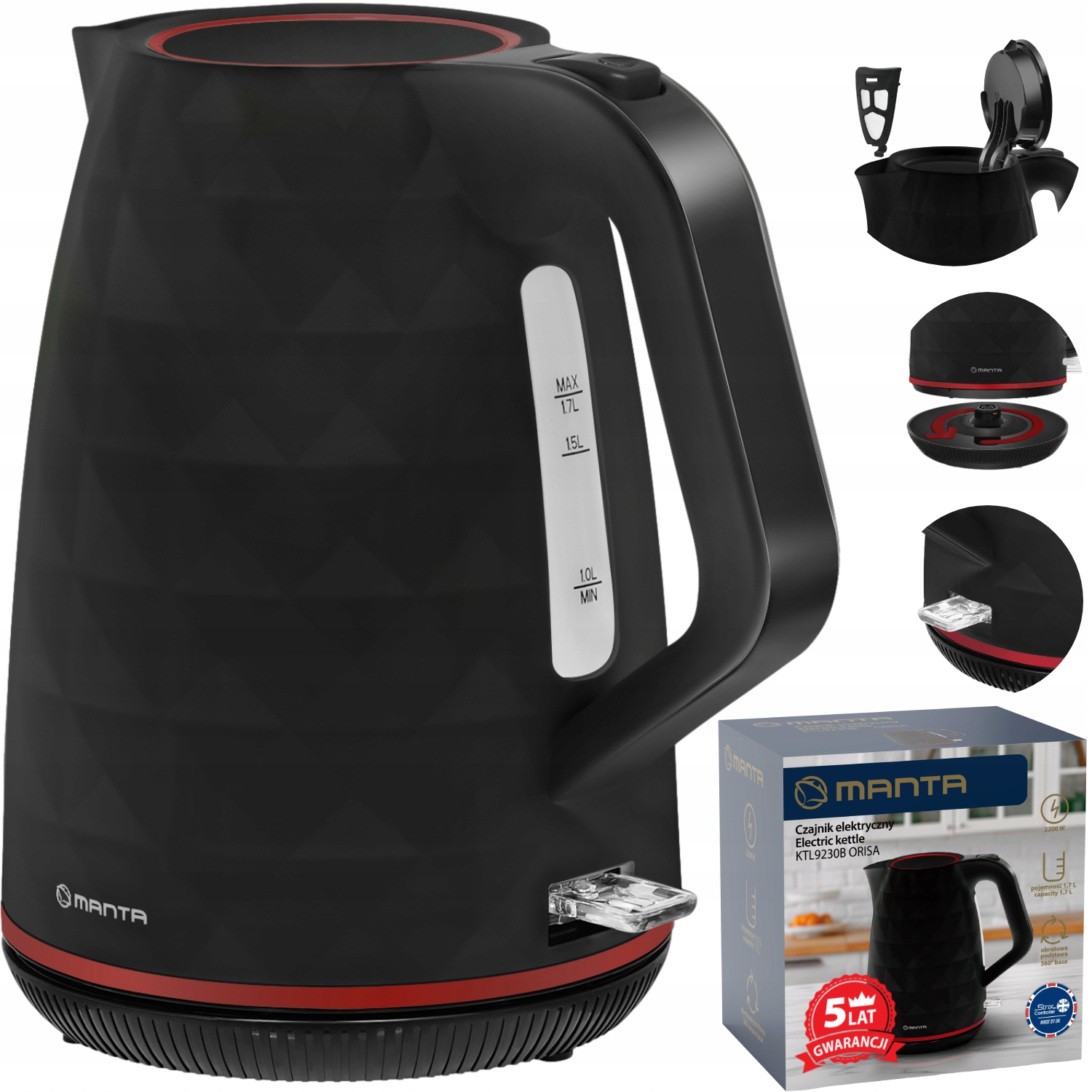 Rýchlovarná kanvica Manta Orisa 2200 W 1,7 l čierna